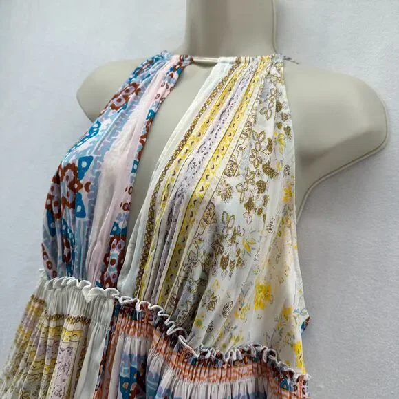 Free People Bellini Patchwork Halter Top Size L Spaghetti Straps Deep V-Neck - Picture 4 of 11